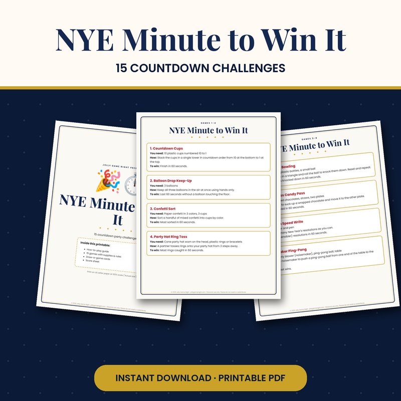 New Years Eve Minute to Win It Games printable mockup